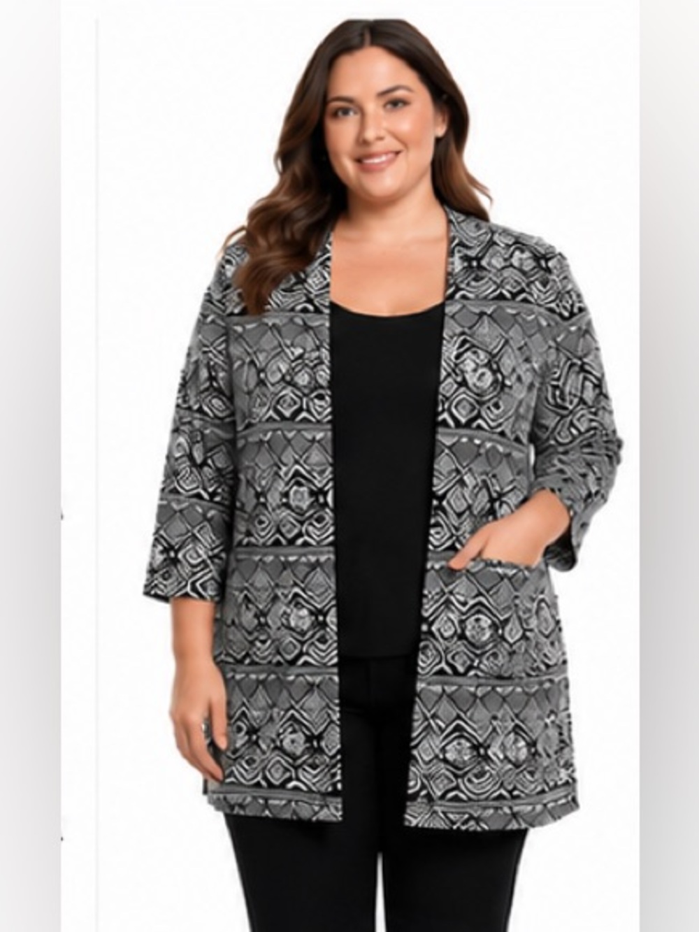 Courtenay 2X Black & White Geometric Open Front Cardigan | Longline Plus Size